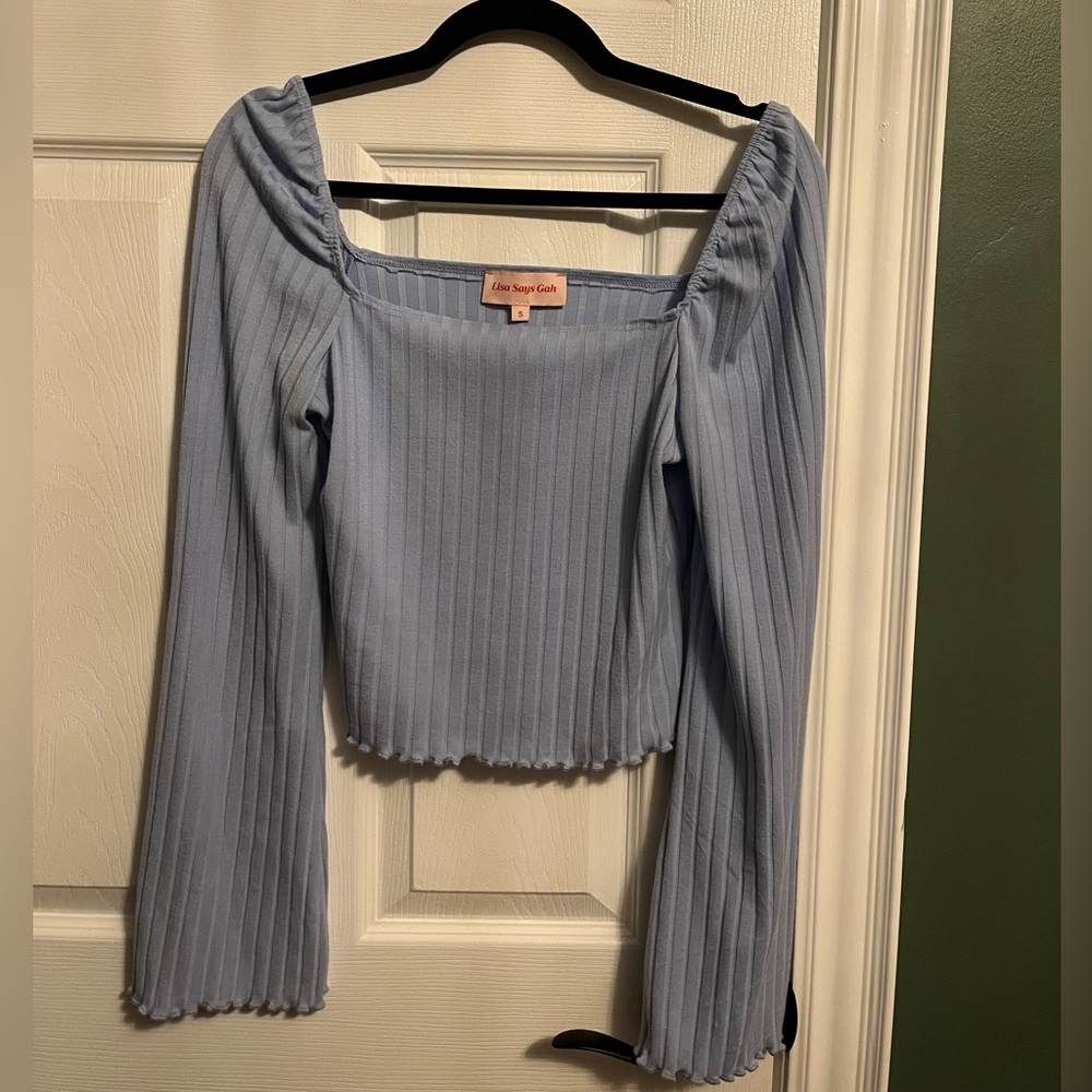 Lisa Says Gah blue long sleeve crop top frill trim